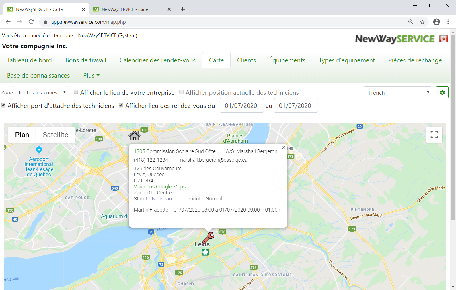 Logiciel Service Client - Capture d'écran - Carte Google Maps®